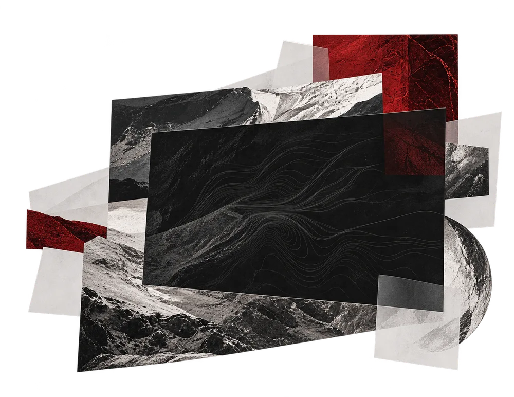 Abstract layers of monochrome terrain, translucent sheets and a red insert around a dark contour field.